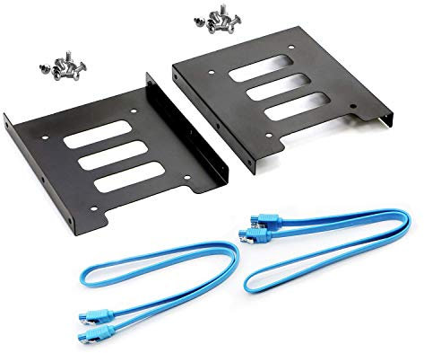SAISN HDD SSD Mounting Bracket 2.5 to 3.5 Adapter Hard Drive Holder (Single Drive, 2 Pack + Blue SATA III Cables)