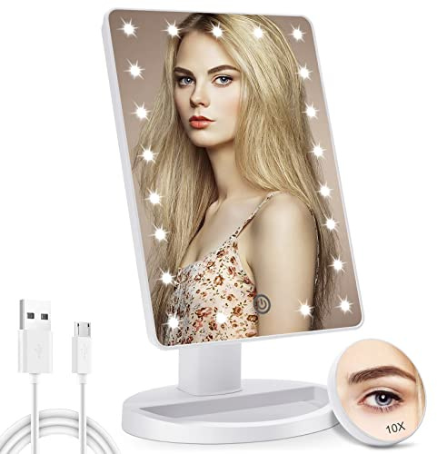 COSMIRROR Lighted Makeup Vanity Mirror with 10X Magnifying Mirror, 21 LED Lighted Mirror with Touch Sensor Dimming, 180°Adjustable Rotation, Dual Power Supply, Portable Cosmetic Mirror (White)