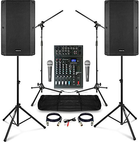 Complete Live Band PA System Package - Vonyx VSA150S 15-Inch Active/Passive Bluetooth Speakers, Studiomaster CLUB XS6+ Mixer, Microphones & Stands - Sound System for Bands, Singers & Church Venues