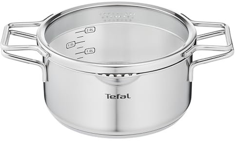 Tefal H85244 Nordica Cooking Pot 20 cm with Glass Lid Double Handles Stainless Steel Pot All Hobs Suitable for Induction Cookers Robust Base Stainless Steel