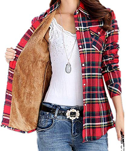 Minetom Hiver Chemise Femme Blouse Manche Longue à Carreaux Chaud Doublure en Velours Bouton Tops Tunique Chemisie Gilet Veste Shirt