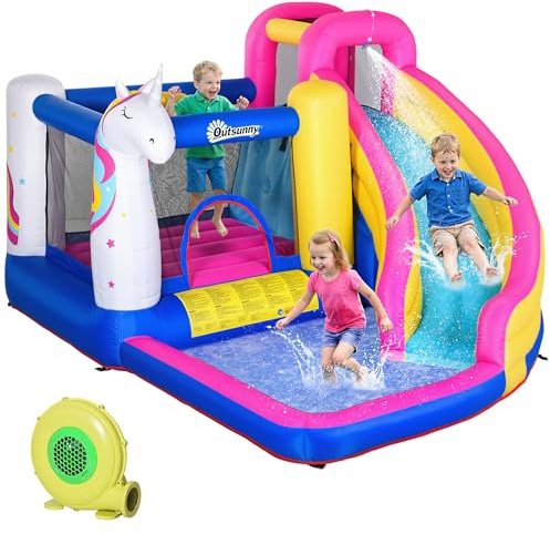 Outsunny Castillo Hinchable para Niños Castillo Inflable Infantil en Forma de Unicornio Parque Acuático con Tobogán Piscina Cama de Salto Inflador y Bolsa de Transporte 360x305x210 cm para 3-8 Años