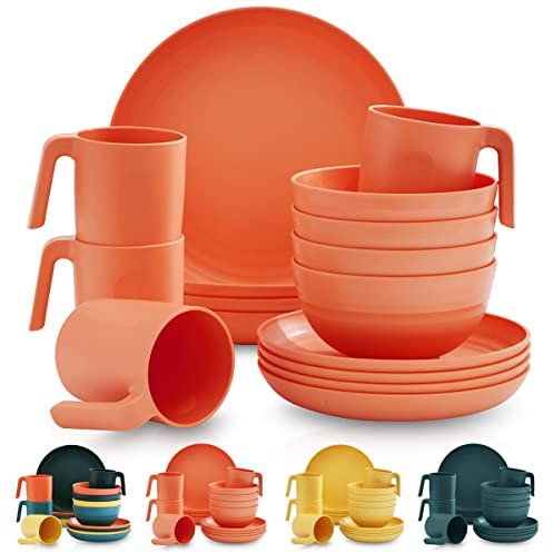 Kyraton Plastic Dinnerware Set of 16 Pieces, Unbreakable and Reusable Light Weight Plates Mugs Bowls Dishes Easy to Carry and Clean Microwave Safe BPA Free Dishwasher Safe Service for 4 (Orange)