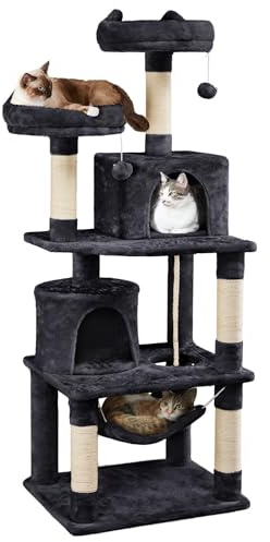 Yaheetech 158 cm Cat Tree for Large Cats with 2 Condos, Black | Cat Tower for Indoor Cats, Multi-Level Cat Scratching Post, 2 Perches, Hammock, Dangling Ball, 61x 49cm Base