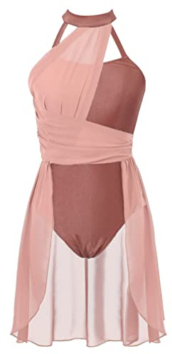 Agoky Abito da Pattinaggio Artistico sul Ghiaccio Donna Chiffon Patchwork Vestito Danza Classica Abito da Ballo Leotards Body da Balletto Senza Manica Jazz Danza Moderna Albicocca S