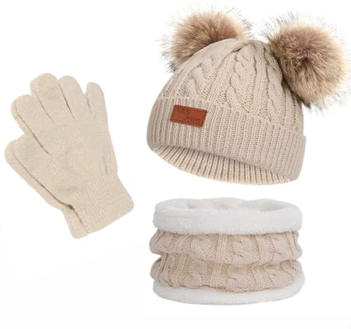 Bonnet Écharpe Gants Ensemble, Filles Garcons Hiver Chaud Tricoté Chapeau avec Pompon Doux Polaire Doublure Tour de Cou Gants 3 en 1, Enfant 2-8 Ans Épaissir Accessoires Hiver Set