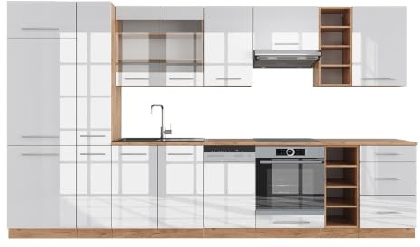 Vicco Küchenzeile Fame-Line, Weiß Hochglanz/Goldkraft Eiche, 355 cm | 12 Module · Höhenverstellbare Füße · Ohne Arbeitsplatte · MDF-Fronten · Softclose · Metallgriffe