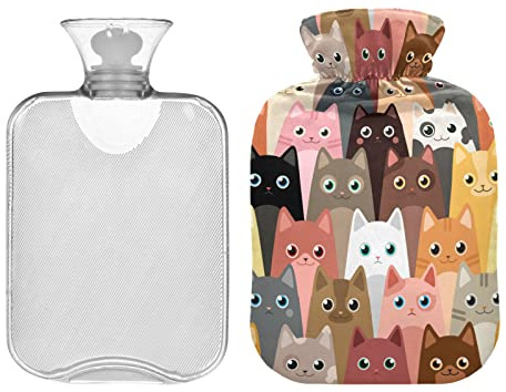 Lustige Katzen Cartoon 2 Liter Wärmflasche mit Bezug, Transparente Wärmtasche für Nacken und Schulter Schmerzlinderung Handfüße Wärmetherapie