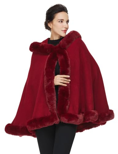 BEAUTELICATE Poncho Mantella di Pelliccia Sintetica Donna Invernale Stola Scialle con Cappuccio Lavorata a Maglia Cardigan per Cerimonia Festa Matrimonio (Vino Rosso)