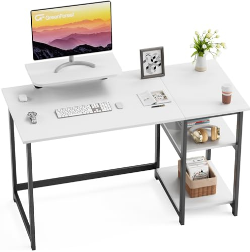 GreenForest Computer Hemkontor Skrivbord med Bildskärm Stativ och Vändbara Förvaringshyllor,120cm Modern Enkel Skrivning Studie PC Arbetsbord,Vit