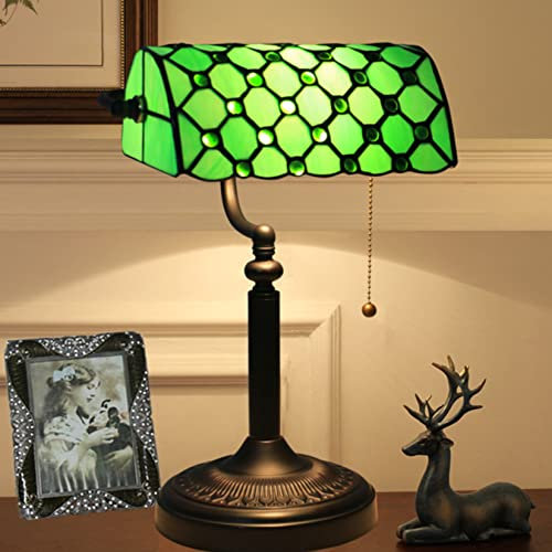 AIBOTY Green Glass Banker Lampe, Tiffany Tischlampe, Buntglaslampe, Vintage Schreibtischlampe, Kristallperlen Lampe, Schlafzimmer Nachttisch Lesen Klavier Studie Lampe, Legierung Basis, 10X15in