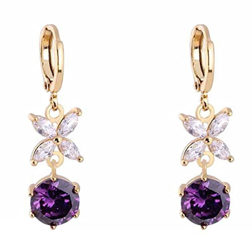 Boucle d'Oreille Pendante Fleur et Zirconium Rond Violet, Créoles Femme Plaqué Or Scintillant