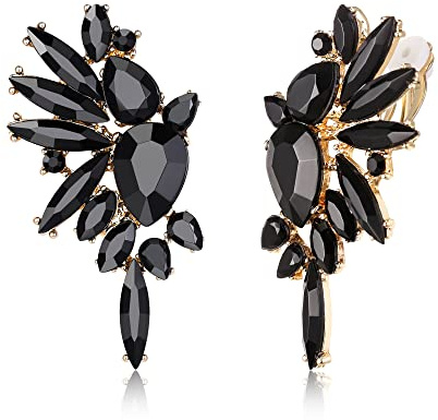 EVER FAITH Vintage Clip On Stud Earrings for Women Girls, Sparkly Rhinestone Crystal Art Deco Floral Teardrop Cluster Clip-on Non Piercing Earring Wedding Jewellery for Brides Bridal Black Gold-Tone