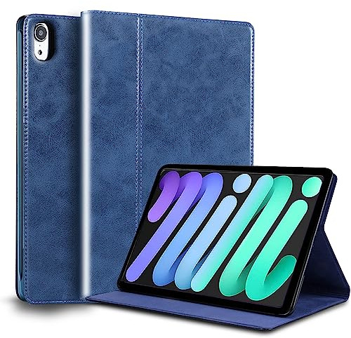 Gexmil Leder Hülle für iPad mini 7. A17 Pro 2024,Mini 6. Gen. 8.3 2021 | Smart Leder Cover/Flip,Auto Schlaf/Aufwachen,Schutzhülle Einstellbarer Ständer,Stoßfest,Rutschfest,Blau