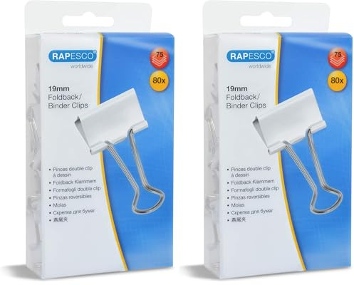 Rapesco 1493 19mm Foldback Klammern, Weiß, 80 Stück (Packung mit 2)