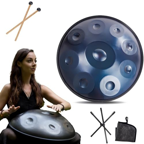 Strumento Handpan - 432Hz/440Hz 9/10/ 12 Note - Steel Tongue Drum da 55cm - Hand Pan Drum con Supporto per Battenti per la Guarigione del Suono (Size : 432Hz, Color : BLUE_9 NOTES)