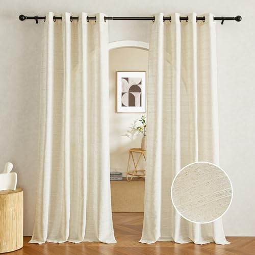 PONY DANCE Leinen Vorhang Wohnzimmer Gardinen Halbtransparent Landhaus | Natur,H245 x B140 cm,2er Set,Boho Gardinen Leinenoptik mit Linien,Ösen Leinenvorhang Vintage Schlafzimmer,Linen Curtains