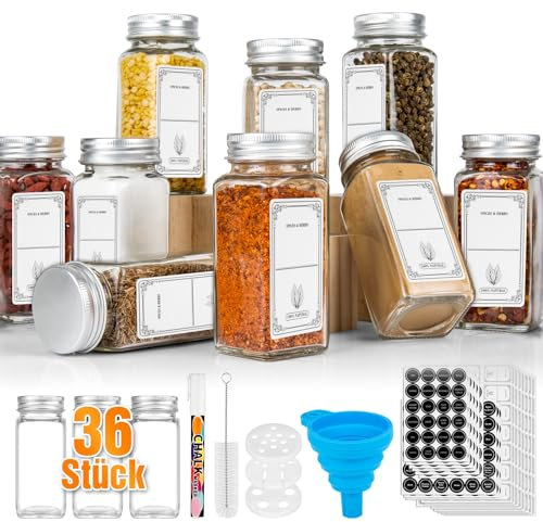 WardWolf 36er Gewürzgläser Eckig mit Metall Deckel,120ML Gewürzdosen Set,Gewürzgläser mit Streueinsatz, Gewürzaufbewahrung,Glas Gewürzbehälter Spice Jars,Gewürzgläser Eckig,Gewürzbehälter