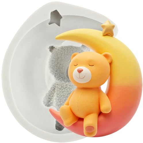 MINFEIDMS Stampo in silicone a forma di orsetto addormentato in 3D, per cioccolato, luna, stella, orso, caramelle, decorazioni per torte e cupcake, pasta di gomma, argilla polimerica