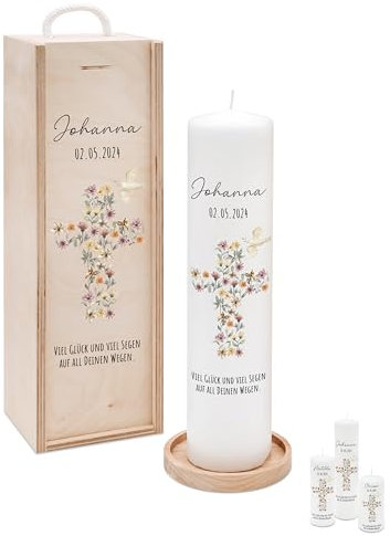 Bärenfreunde® - Personalisierte Taufkerze mit Spezial-Druck (M, L, XL) - ohne Ruß-Bildung - mit Holzkiste oder Untersetzer - Taufe Geschenk, Geschenk zur Geburt (L Kerze)
