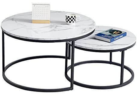 TTATC 2er-Set runder Beistelltisch,Couchtisch im Industriestil mit Metallbeinen, Platte aus MDF-Marmorimitat, groß 60 x 60 x 45 cm und klein 40 x 40 x 35 cm,Schwarz