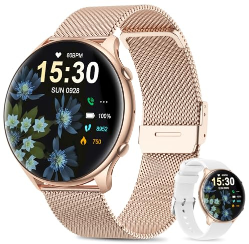 SLOKSFil Montre Connectée Femme Ronde avec Tension Artérielle/Sommeil Moniteur/Cycle Menstruel/Fréquence Cardiaque/Podometre, 1,39 Smartwatch avec Appel Bluetooth pour iOS Android (Or Rose)