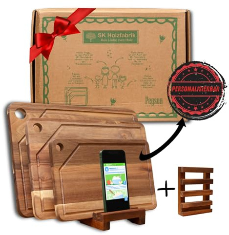 Premium 3er Schneidebrett Set aus Akazienholz mit Ständer und Handyhalterung - PERSONALISIERBAR - Küchenbrett mit Saftrille