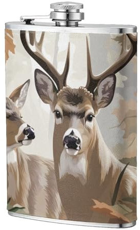 Thermosflasche mit Camouflage-Hirsch-Motiv, bedruckt, 304 Edelstahl, 237 ml, Premium-PU-Lederetui, Taschenflagon, Outdoor-Sport, Flachmann
