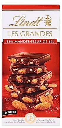 Lindt Schokolade | LES GRANDES Tafel Mandel-Salz | 150g | feinherbe Schokolade mit gesalzenen und karamellisierten Mandel-Stückchen | Schokoladen-Tafel
