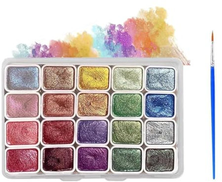 JRYBXS Wasserfarben, Aquarellfarben, 20 Farben Aquarellfarben Metallic Kommt Mit Malpinsel Glitzer Meta Llic Aquarellfarben Set, Geschenkidee für Aquarellfarbenpalette für Künstler Maler