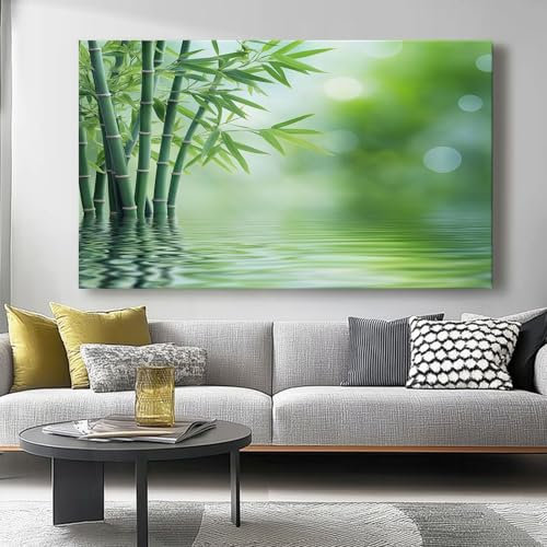 Cuadro sobre Lienzo 150 x 50 cm (Sin marco), Cuadros Lienzos Plantas Hojas Verdes De Bambú Para Salón Dormitorio Comedor Oficina, Moderno Verde Grande Decoracion