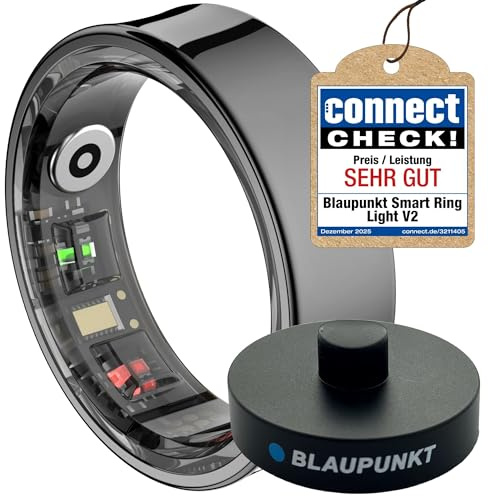 Blaupunkt Smart Ring V2 | kein Abo | keine unsichere Cloud | Edelstahl | Schritte, Schlaf, Puls, Blutsauerstoff SpO2, Kalorien, HRV, Sport-Aktivitäten | IP68 | für Android und iOS | Schwarz | Größe 12