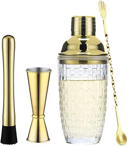 byepica Juego de 4 cocteleras de cristal tejido dorado con agitador, triturador de hielo, taza medidora y capacidad de 400 ml, patrón elegante para camareros