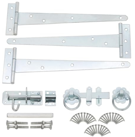 Heavy Duty 10” Tee Hinges (3) with Plain Ring Gate Latch and Brenton Bolt Pack in Galvanized Zinc Finish - Garden Gate Fitting Kit for Wooden Shed Doors  and Garage Gates