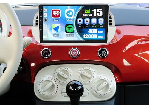 Zomolither 4+128G Android 15 Autoradio con Wireless Carplay & Android Auto per Fiat 500 2007-2015, 9’’ Incell Touchscreen Mirror Link + EQ + GPS + WiFi + Bluetooth + RDS + AHD Retrocamera + SWC + MIC