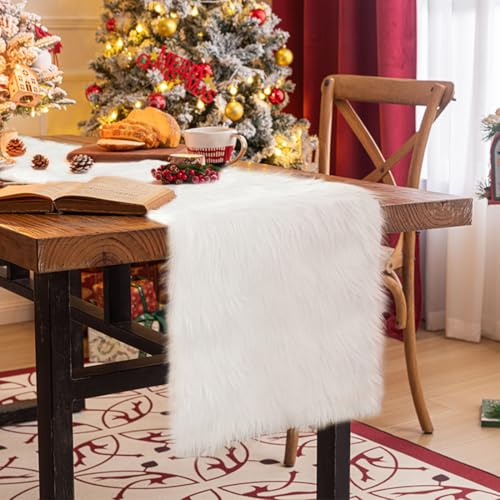 Tischläufer Kunstfell 30 x 180cm, Tischläufer Fell Weiß, Tischdeko Weihnachten, Tischband Dekofell für Weihnachten Hochzeit Winter Esstisch Deko