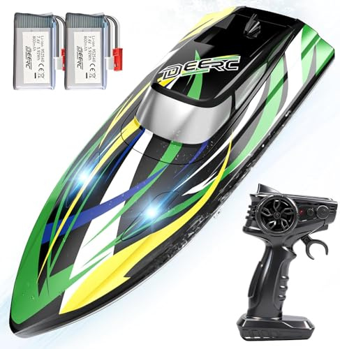 DEERC Barca telecomandata ad alta velocità con luci a LED, barca da corsa RC veloce auto-raddrizzatore, 2 batterie per più di 24 minuti di autonomia, telecomando 2.4GHz, giocattolo per bambini e