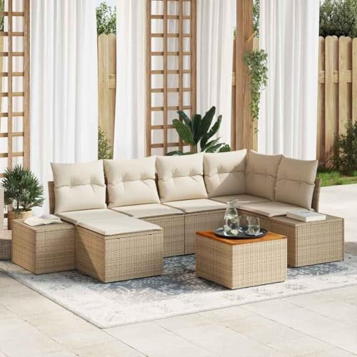 Qnhdfrt Gartenmöbel Set 7 TLG Beige Weiß Poly Rattan Sofa Eckbank Tisch Hocker mit Stauraum für Terrasse Garten Balkon