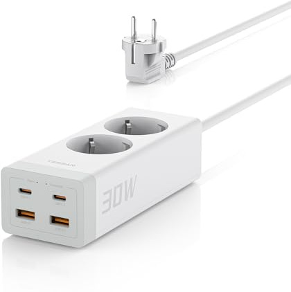 TESSAN Mehrfachsteckdose mit GaN 30W USB C, 2 Fach, 4 USB, Weiß | Überspannungsschutz, Verlängerungskabel 2M, Für Büro