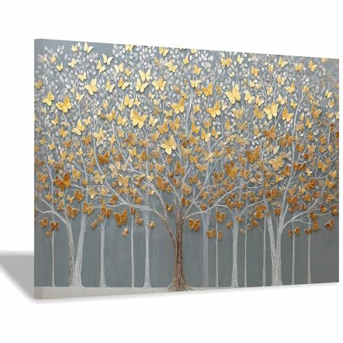 XENIOU Quadro albero della vita Albero delle Farfalle d'Oro stampe vintage, decorazione da parete, per soggiorno, camera da letto, appartamento.(Multicolore)-80x120cm Incorniciato