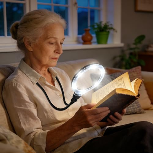 10X Magnifying Glass with Light Hands Free, Rechargeable 1200 mAh Battery, 5.6 Inch Lens, Cross Stitch Neck Magnifier, 6 Light Modes, Dimmable for Reading, Seniors, Crafts, Close Work