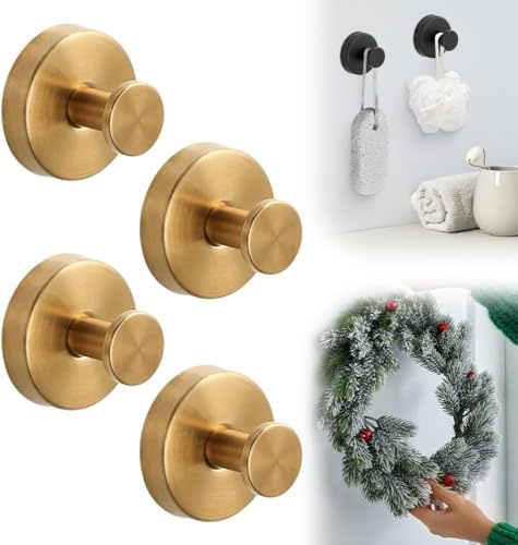 Genérico Ganchos Ventosa, 2026 New Soporte Para Toallas De Baño, Ganchos Ventosa Baño Vacío Súper Fuerte Sin Taladro, Acero Inoxidable con Ventosa, Sin Agujeros, Gancho De Pared (Gold-4 PCS)