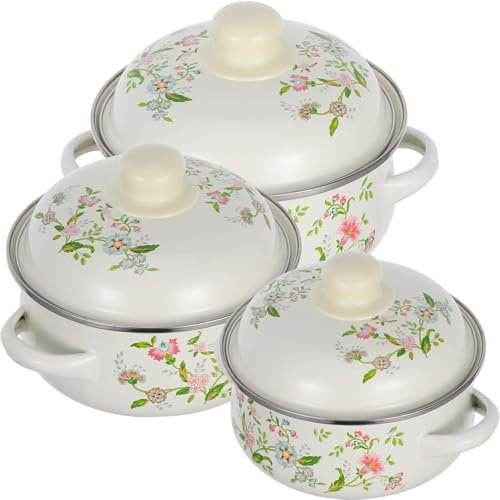 PLAFOPE 3pcs Enamel Mini Soup Pot Set Stockpot Simmer Pot 9.43x7.86x6.29in Round Double-Handle Design Retro Beige Purple Floral Pattern Versatile for Cooking Kitchen