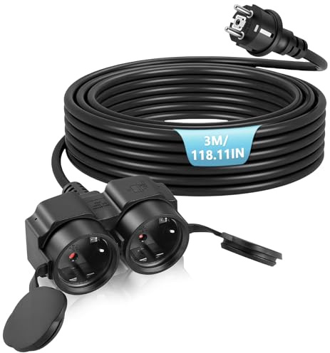 BOSYTRO Rallonge de câble d'alimentation, prise extérieure étanche avec 2 prises et couvercles anti-poussière, rallonge de prise pour intérieur et extérieur, max 3500 W, 16 A, 250 V, IP44, câble