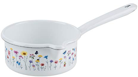Riess, 0036-070, Stielkasserolle mit großem Ausguss ø 14cm, FLORA, Emaille, Vol. (rec.): 0,8 Liter, Made in Österreich, LBH: 30,7x17,3x9,1cm, 0,415kg, Induktionskocher kompatibel, Gasherd geeignet
