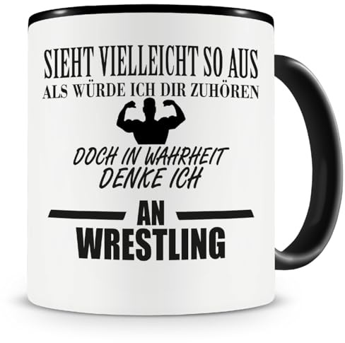 Samunshi® Ich denke an Wrestling Tasse Kaffeetasse Teetasse Kaffeepott Kaffeebecher Becher 300ml schwarz