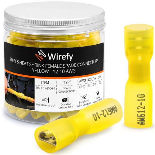 Wirefy Gelbe Schrumpfverbinder Flachsteckhülsen Isoliert - Kabelschuhe Weibliche Flachstecker Sortiment - Quetschverbinder Kfz - 4-6 mm² - 90 Stück
