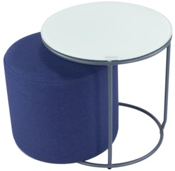 i-flair Nachttisch Beistelltisch mit Hocker Jasper runder Couchtisch und Pouf 40x40 cm N4 Weiß - Grau - Navy