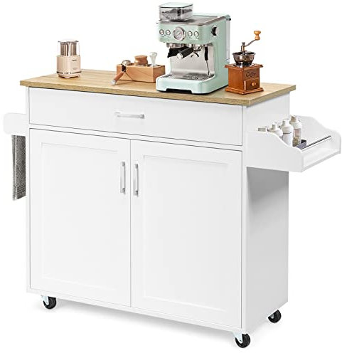 GIANTEX Küchenwagen mit Arbeitsplatte, Küchenschrank mit Rollen, bewegliche Kücheninsel, Servierwagen Rollwagen Holz, Küchenrollwagen mit Schublade, Küchentrolley im Landhausstil, Gemüsewagen Weiß