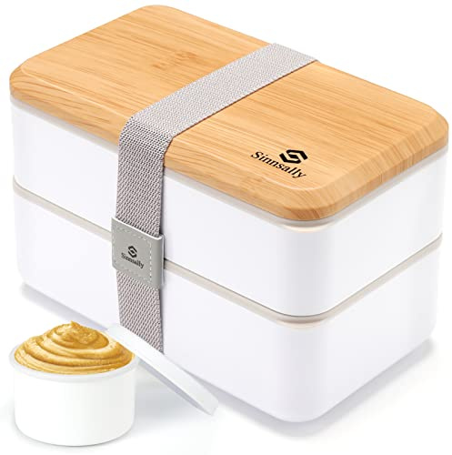 Sinnsally 1400ML Bento Box Lunch Boxes, Stackable Bento Lunch Box for Adults,Leak-Proof Lunch Container with Compartments,Japanese Style Lunchbox with Sauce Pot Cutlery Set (White)